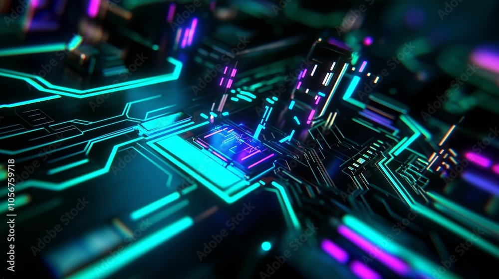 Fototapeta premium An abstract close-up of a digital circuit board with blue and green hues, creating a tech-inspired look