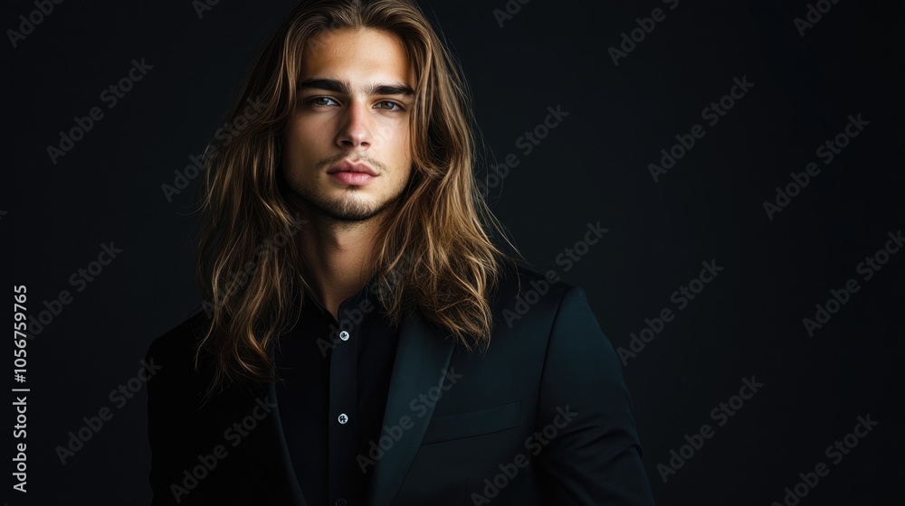 Young male model with long hair features a handsome face dressed in a black suit against a dark studio backdrop Represents themes of style fashion beauty and male portraiture Young male model with long hair features a handsome face dressed in a black suit against a dark studio backdrop Represents themes of style fashion beauty and male portraiture
