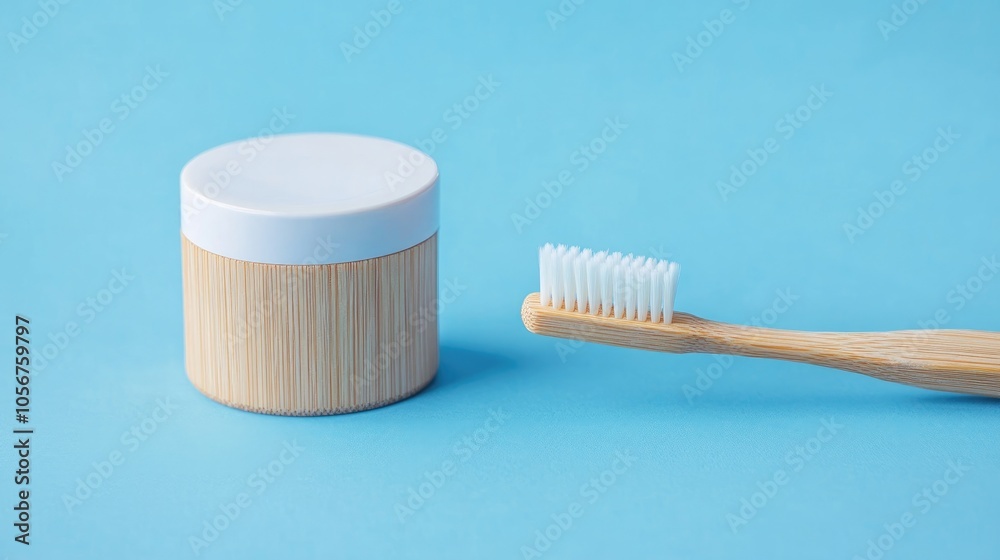 Dental floss container and bamboo toothbrush on a blue backdrop Promoting daily oral hygiene teeth care and health Mouth cleaning products Space available for text or logo Dental floss container and bamboo toothbrush on a blue backdrop Promoting daily oral hygiene teeth care and health Mouth cleaning products Space available for text or logo