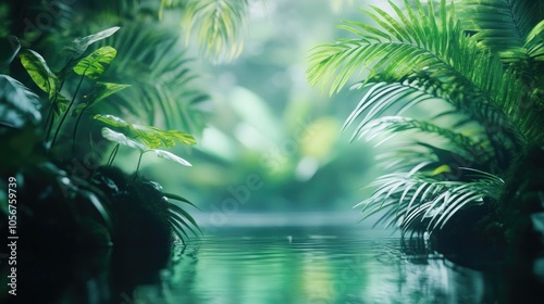 Blurred image depicting a serene natural backdrop featuring water and lush vegetation