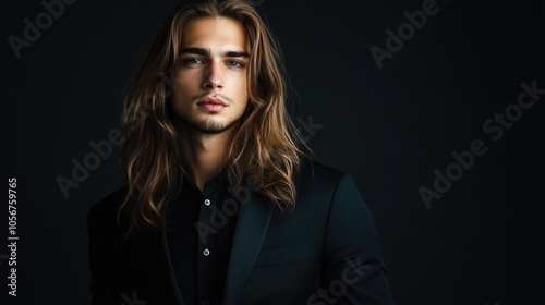 Young male model with long hair features a handsome face dressed in a black suit against a dark studio backdrop Represents themes of style fashion beauty and male portraiture