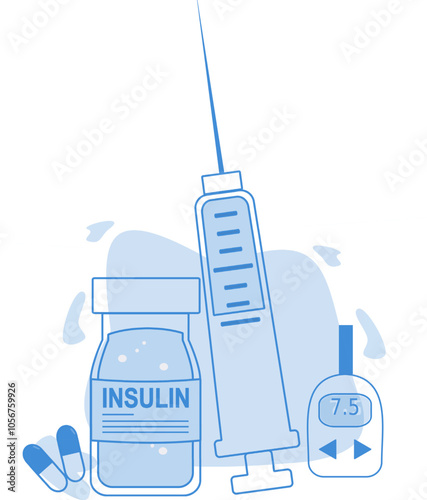 Minimalist medical illustration focusing on diabetes management tools: an insulin vial, syringe, glucose meter, and pills, all in soft blue tones. Designed for healthcare, medical, or diabetes-related