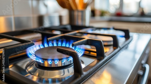 Close up of a modern kitchen stove burning with blue flames showcasing a natural gas burner in a home cooking environment