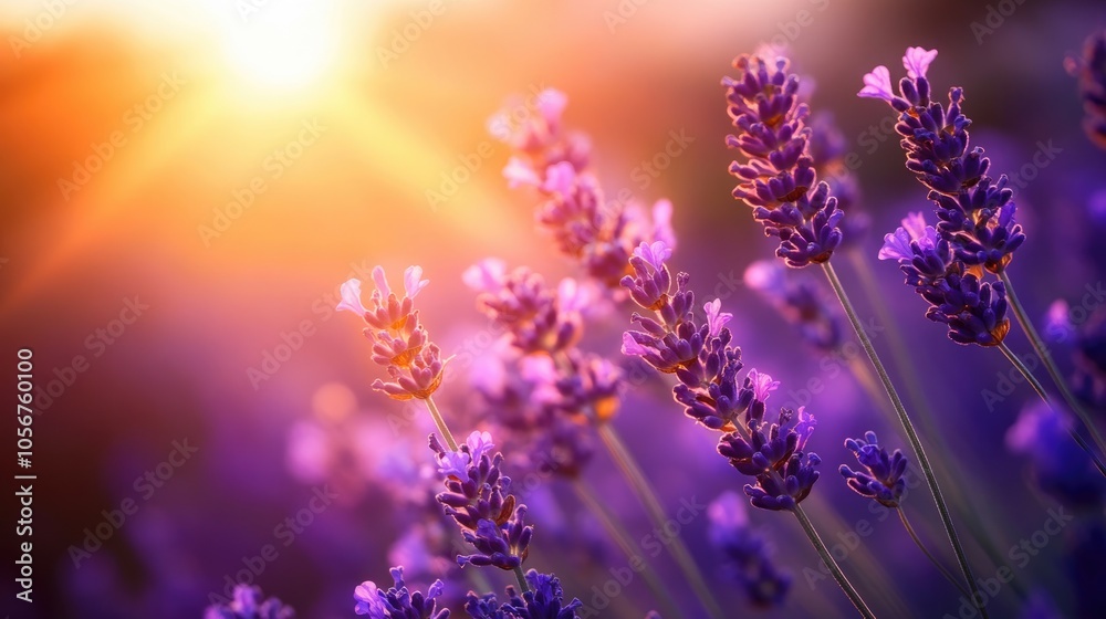 Selective focus on lavender flowers illuminated by sunset rays showcasing blooming violet blossoms in a fragrant summer landscape ideal for harvest and aromatherapy Selective focus on lavender flowers illuminated by sunset rays showcasing blooming violet blossoms in a fragrant summer landscape ideal for harvest and aromatherapy