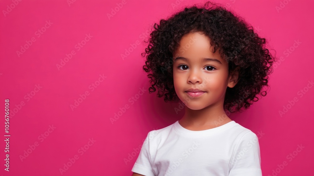 Confident young child in a white casual outfit posing against a vibrant pink backdrop ideal for mock up and print presentation Confident young child in a white casual outfit posing against a vibrant pink backdrop ideal for mock up and print presentation