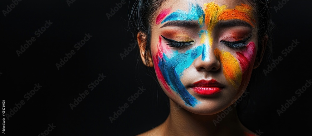 Body Art Abstract Make Up With Sad Face Portrait Of Beautiful Young Asian Woman With Colourful Abstract Makeup Paint On Face And Body Isolated In Black Background For Abstract Art Concepts Body Art Abstract Make Up With Sad Face Portrait Of Beautiful Young Asian Woman With Colourful Abstract Makeup Paint On Face And Body Isolated In Black Background For Abstract Art Concepts