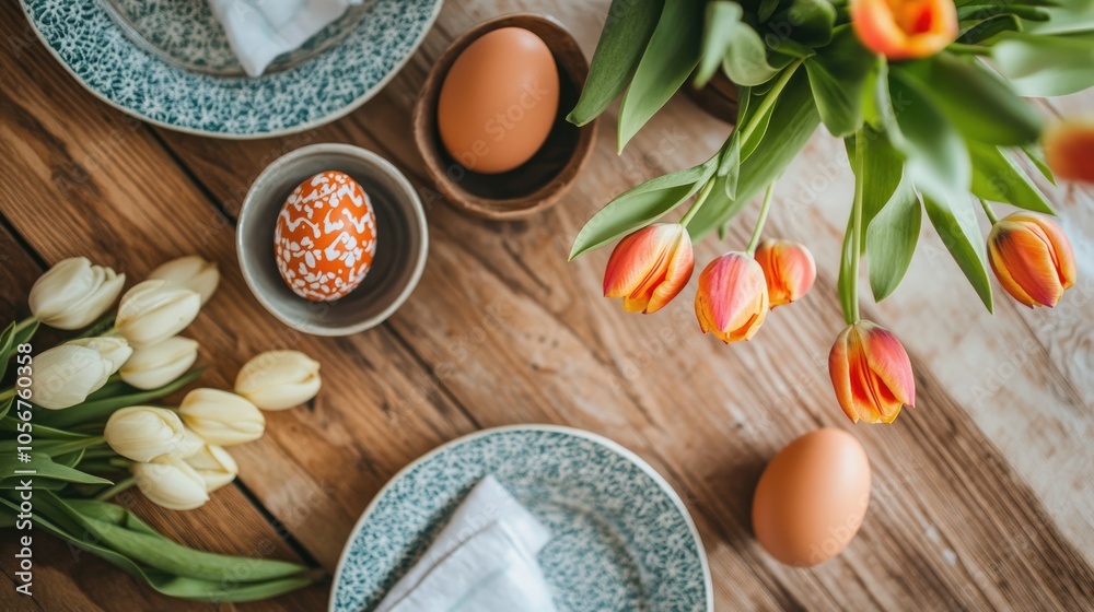 Brunch Table Flat Lay Featuring Decorated Eggs and Fresh Tulips Brunch Table Flat Lay Featuring Decorated Eggs and Fresh Tulips