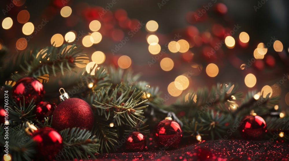 A Christmas tree with red ornaments and lights
