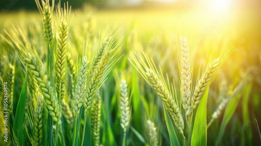 Lush green wheat thriving in a field bathed in the warm glow of spring sunlight Lush green wheat thriving in a field bathed in the warm glow of spring sunlight