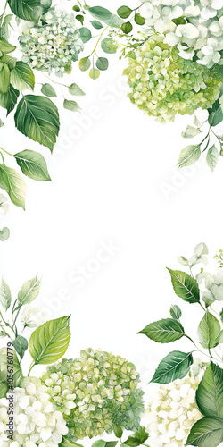 Whimsical floral frame featuring green and white hydrangeas, leaves, and delicate foliage, perfect for invitations or decorative backgrounds