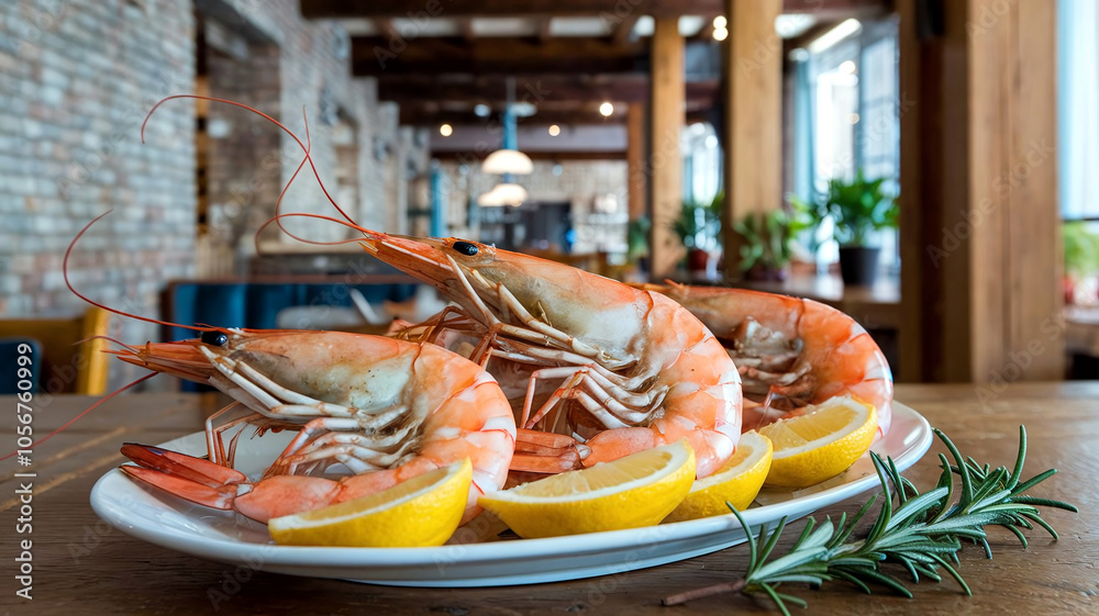 A close-up shot of a plate with grilled king shrimp garnished with lemon slices, set on a rustic restaurant table with a cozy ambiance in the background. A close-up shot of a plate with grilled king shrimp garnished with lemon slices, set on a rustic restaurant table with a cozy ambiance in the background.