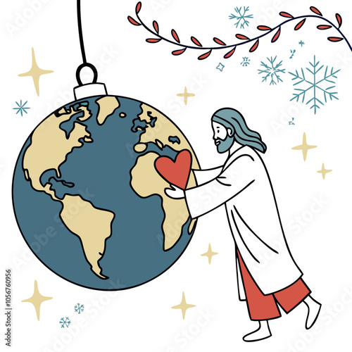 Christmas Ornament: A heartfelt Christmas illustration featuring Jesus holding a red heart in front of a globe ornament, symbolizing love for the world.