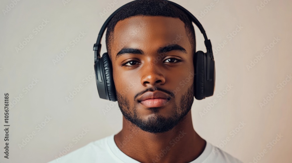 © DigitalDruid - Man with a focused expression engaging with motivational talks via headphones against a neutral backdrop © DigitalDruid - Man with a focused expression engaging with motivational talks via headphones against a neutral backdrop
