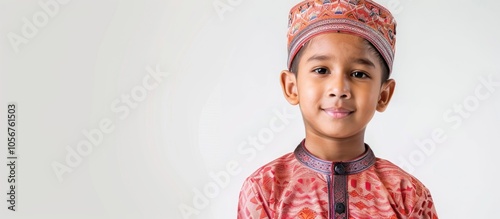 A Young Muslim Malay Boy Wearing Headgear Called Kopiah Isolated On White Background photo