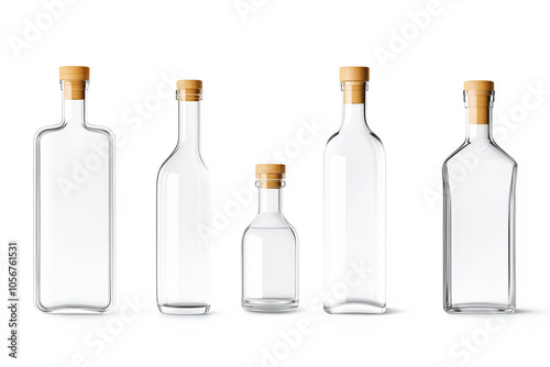 Wallpaper Mural Glass bottles of different shapes and sizes with wooden caps, minimalist style, on white background, concept of storage Torontodigital.ca