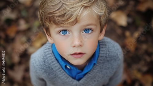 A young boy with blue eyes and blonde hair gazes up at the camera while dressed in a blue shirt and a grey sweater