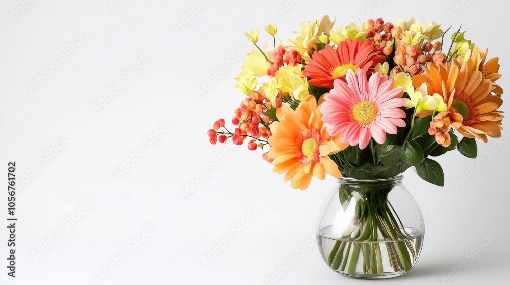 Artificial flower arrangement in a vase for decorative purposes against a white background Artificial flower arrangement in a vase for decorative purposes against a white background