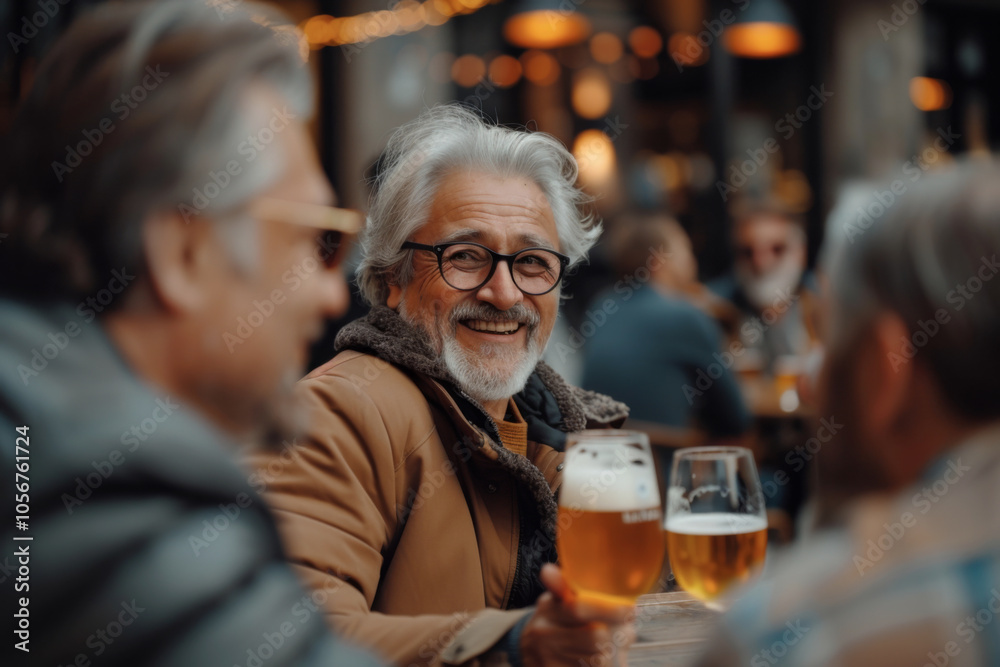 Mature men with smiling faces sitting with beer in a pub Mature men with smiling faces sitting with beer in a pub