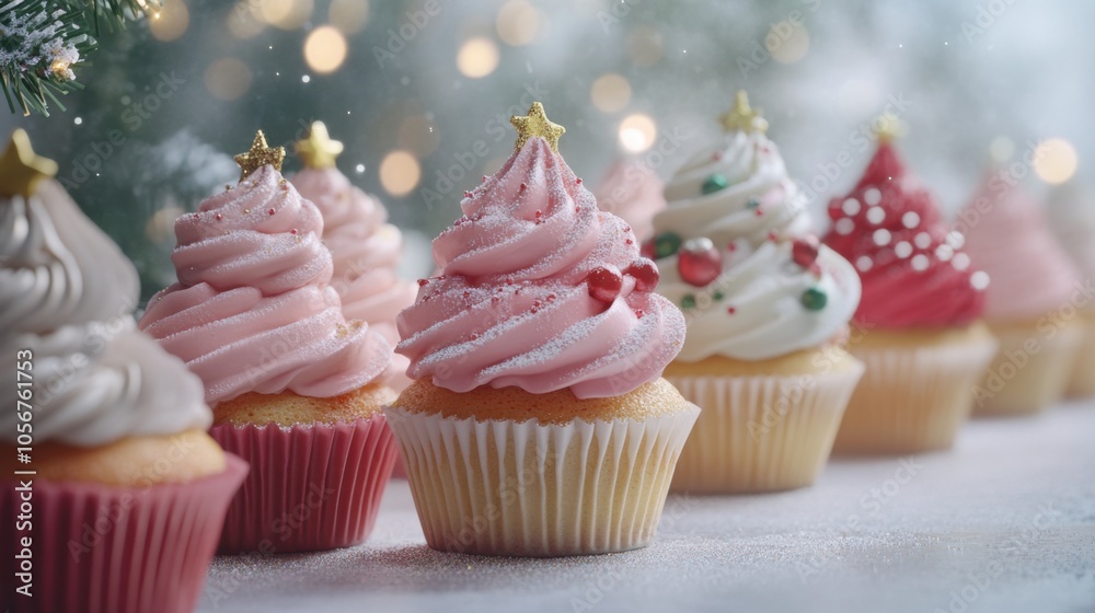 Delightful Christmas Cupcakes Decorated with Festive Whimsical Designs, Sparkling Lights in the Background Delightful Christmas Cupcakes Decorated with Festive Whimsical Designs, Sparkling Lights in the Background
