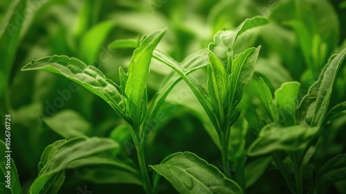 Close up view of Stevia rebaudiana leaves Detailed indoor shot showcasing the unique features of Stevia plant foliage