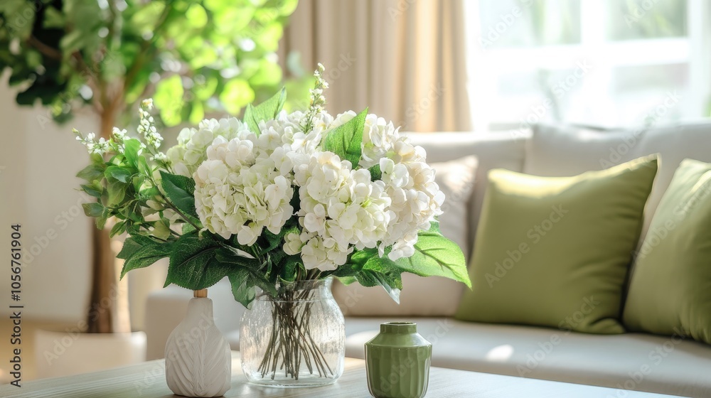 Cozy living room featuring fresh flowers on the coffee table and soft green pillows on the couch highlighting a stylish home decor theme
