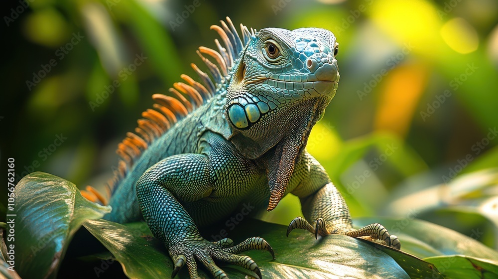A vibrant iguana perched on lush green leaves in a tropical setting. A vibrant iguana perched on lush green leaves in a tropical setting.