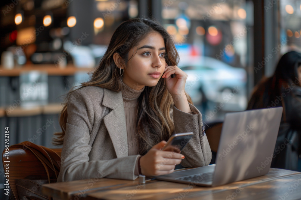 Young Indian business woman, who is lost in thoughts, sitting in a lounge holding a mobile phone and laptop