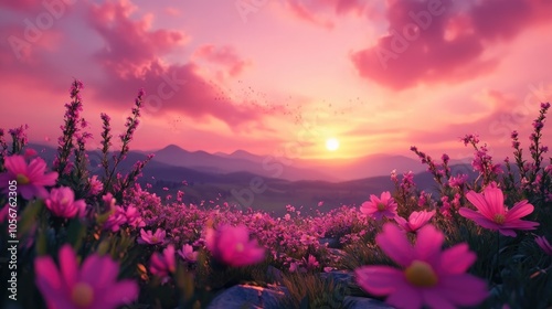 Tranquil scenery featuring vibrant flowers beneath a pink hued sky during sunset photo