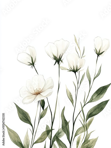 Minimalist watercolor illustration of white flowers with green leaves, creating serene and elegant atmosphere. Perfect for home decor or art prints