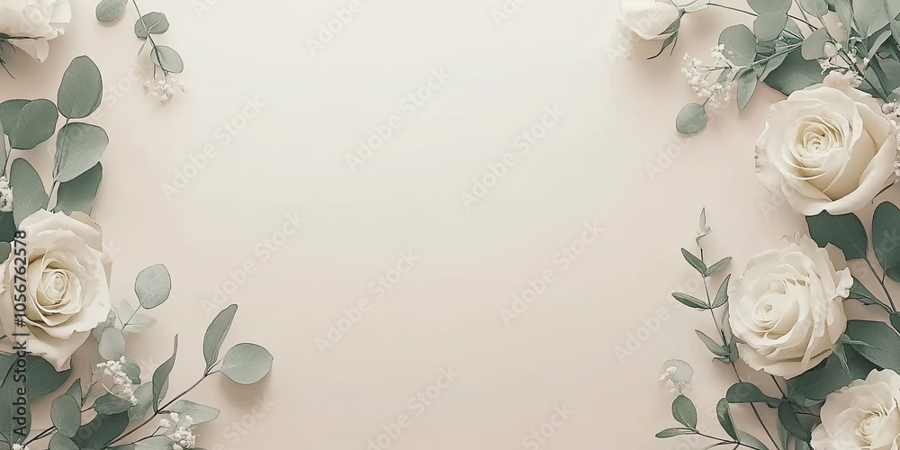 Soft floral frame with eucalyptus and ivory roses creating serene atmosphere. Perfect for invitations or decor Soft floral frame with eucalyptus and ivory roses creating serene atmosphere. Perfect for invitations or decor