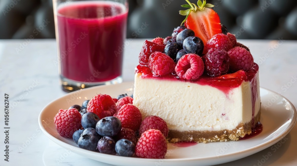 Cheesecake topped with strawberries blueberries and raspberries on a white plate accompanied by a glass of red juice