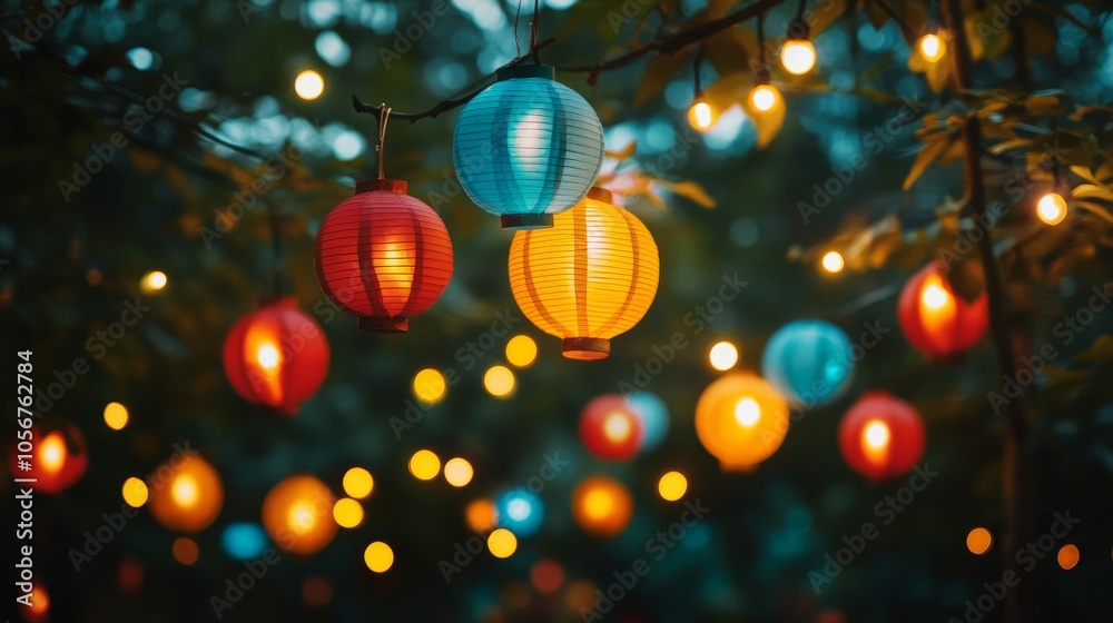 Colorful Paper Lanterns Hanging from Tree Branches at Night Colorful Paper Lanterns Hanging from Tree Branches at Night