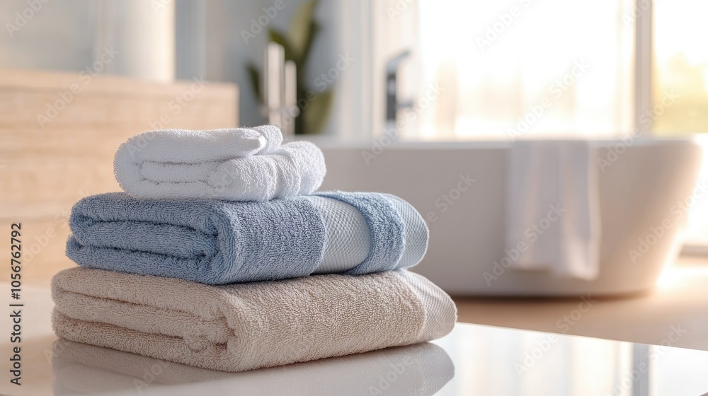 Stack of towels arranged on a light surface in a bathroom environment Stack of towels arranged on a light surface in a bathroom environment