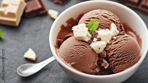 Chocolate ice cream scoop in a white bowl topped with chopped white chocolate and mint for a refreshing summer treat