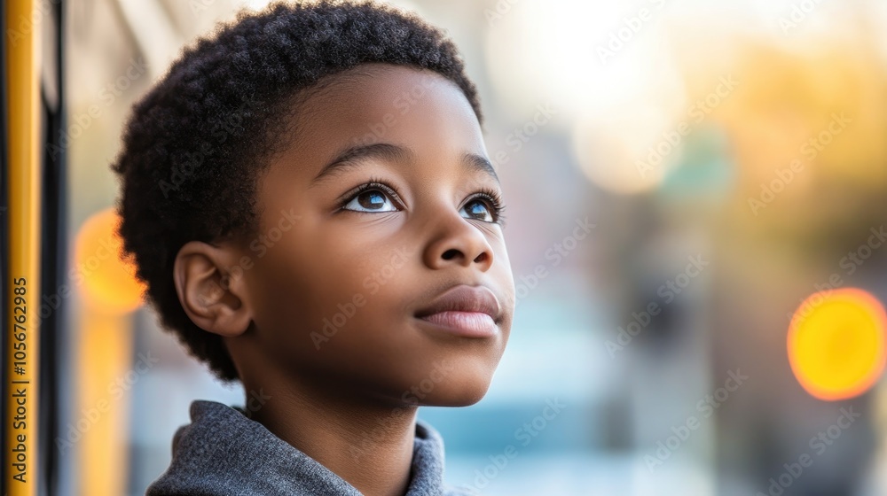 An African American boy against a blurred bus background representing the Back to School theme An African American boy against a blurred bus background representing the Back to School theme