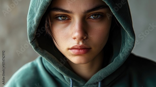 Portrait of a hooded individual wearing a green sweatshirt