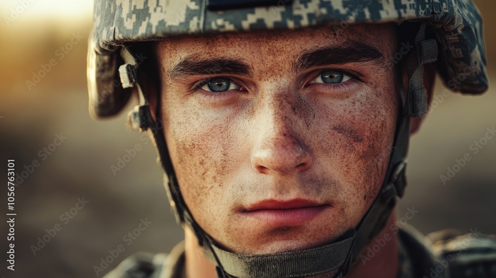 Portrait of a male soldier gazing directly at the camera Portrait of a male soldier gazing directly at the camera