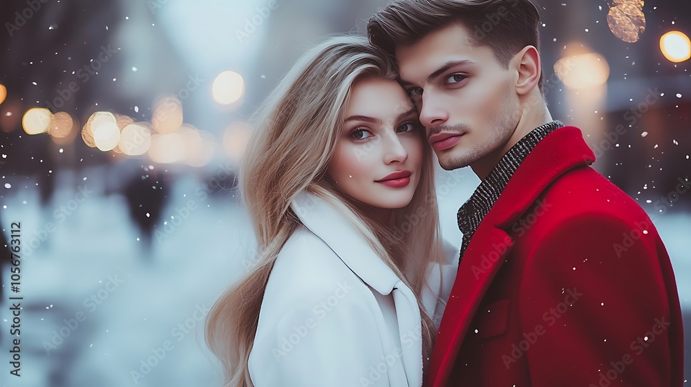 A generative AI portrait depicts a young stunning woman and handsome man standing arm in arm in a winter abroad city A generative AI portrait depicts a young stunning woman and handsome man standing arm in arm in a winter abroad city