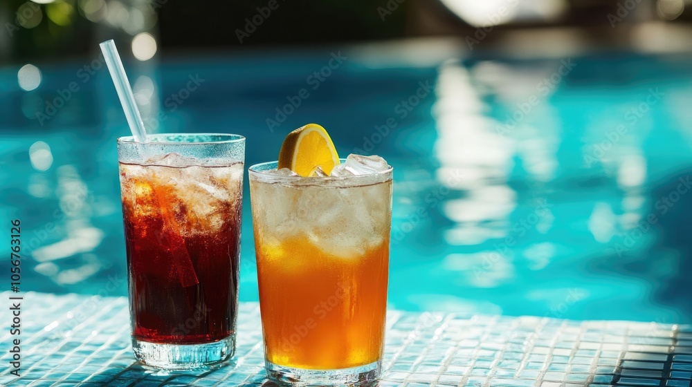 Refreshing beverages by a poolside bar setting Refreshing beverages by a poolside bar setting