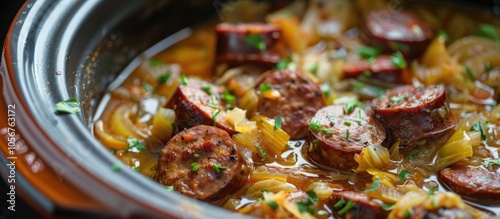 Crockpot Polish Sausage And Cabbage Soup Close Up photo