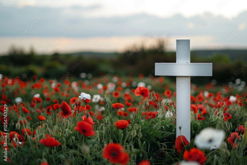 A white cross standing in a field of poppies, a poignant symbol of sacrifice on Memorial Day. A white cross standing in a field of poppies, a poignant symbol of sacrifice on Memorial Day.