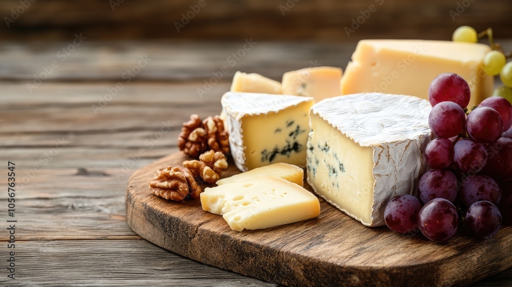 Assorted cheeses grapes and walnuts arranged on a rustic wooden cutting board Emphasizing a healthy food concept with ample negative space Assorted cheeses grapes and walnuts arranged on a rustic wooden cutting board Emphasizing a healthy food concept with ample negative space