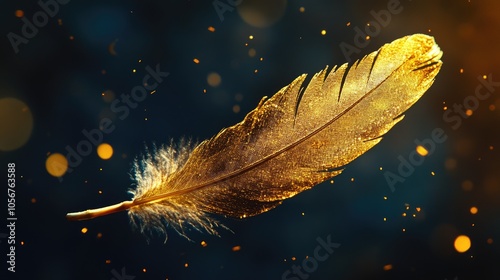 Golden magical feather symbolizing freedom a mythical ethereal gold plume gracefully floating photo