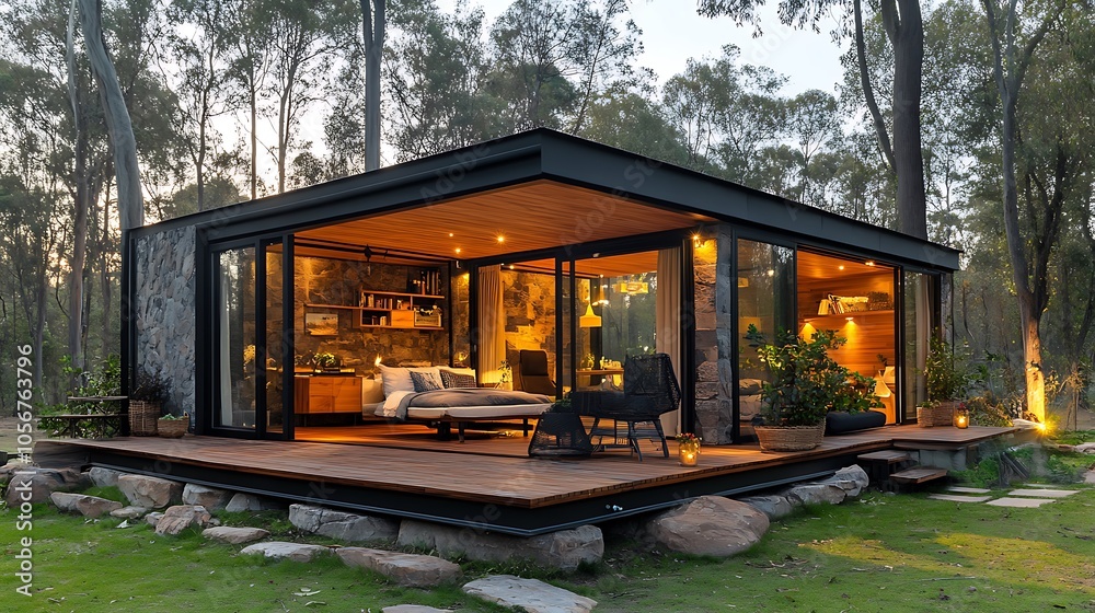 Modern Cabin in the Woods, Realistic Photo Modern Cabin in the Woods, Realistic Photo