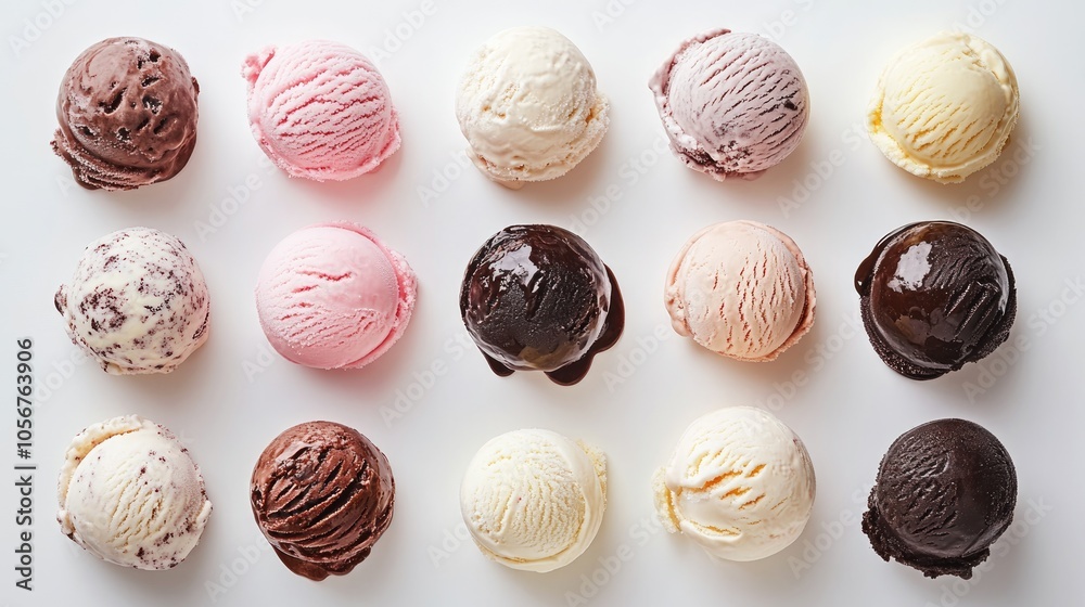 Assorted ice cream scoops displayed on a white backdrop Assorted ice cream scoops displayed on a white backdrop