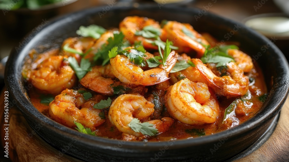 Prawn curry masala garnished with coriander embodying the essence of spicy cuisine Prawn curry masala garnished with coriander embodying the essence of spicy cuisine