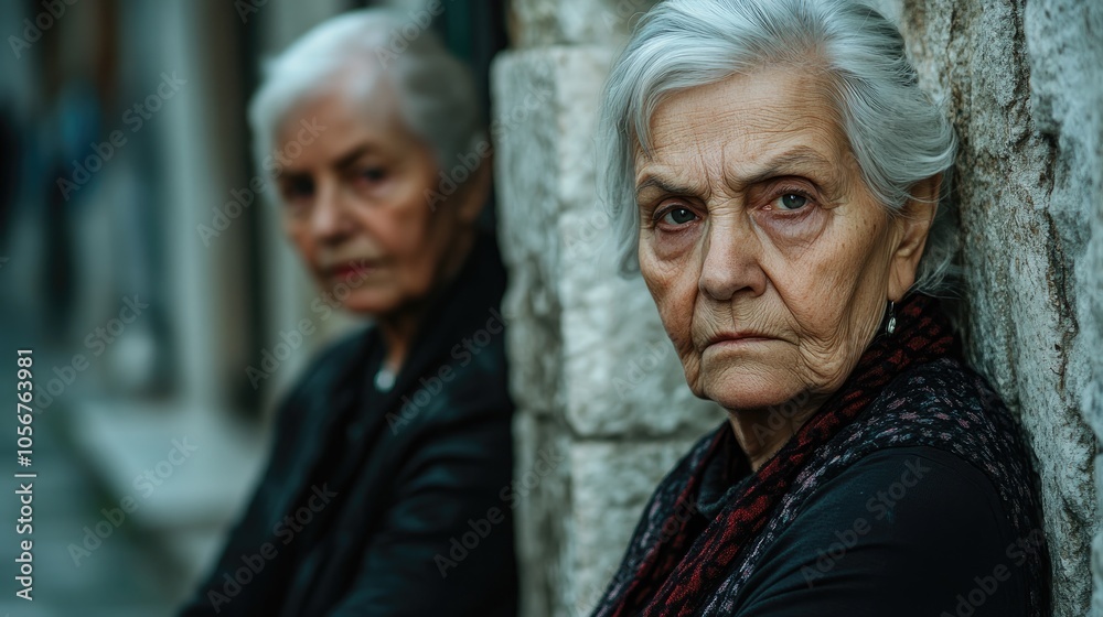 Two elderly women leaning against a wall with one prominently featured in the foreground displaying a strong gaze while the other appears softly blurred in the background Two elderly women leaning against a wall with one prominently featured in the foreground displaying a strong gaze while the other appears softly blurred in the background