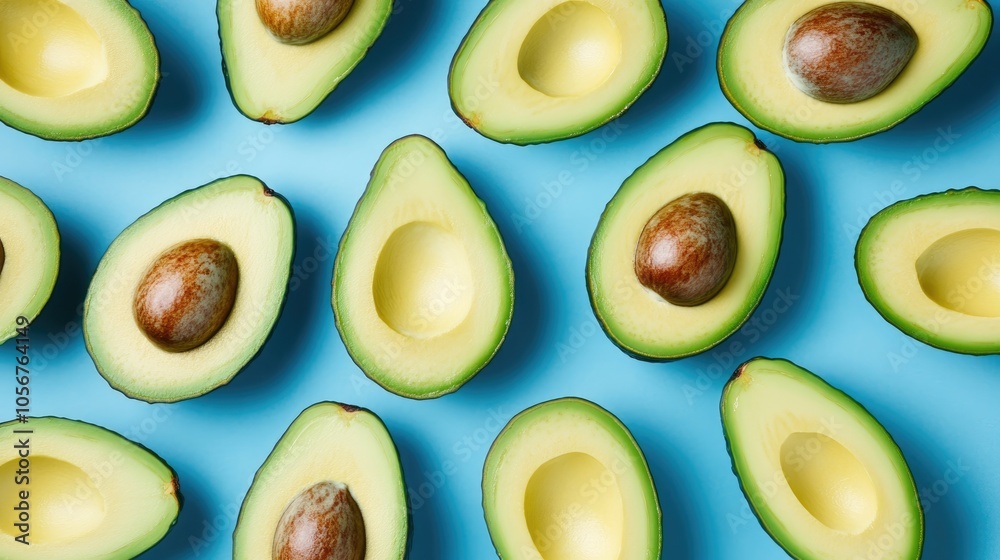 Sliced avocado on a blue backdrop showcasing vegan concepts and the versatility of avocado oil Sliced avocado on a blue backdrop showcasing vegan concepts and the versatility of avocado oil