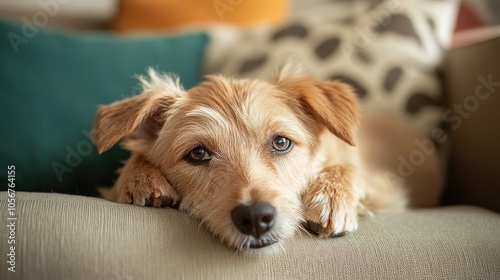 Ill dog resting on the sofa appearing unwell and sad with a tower like presence above