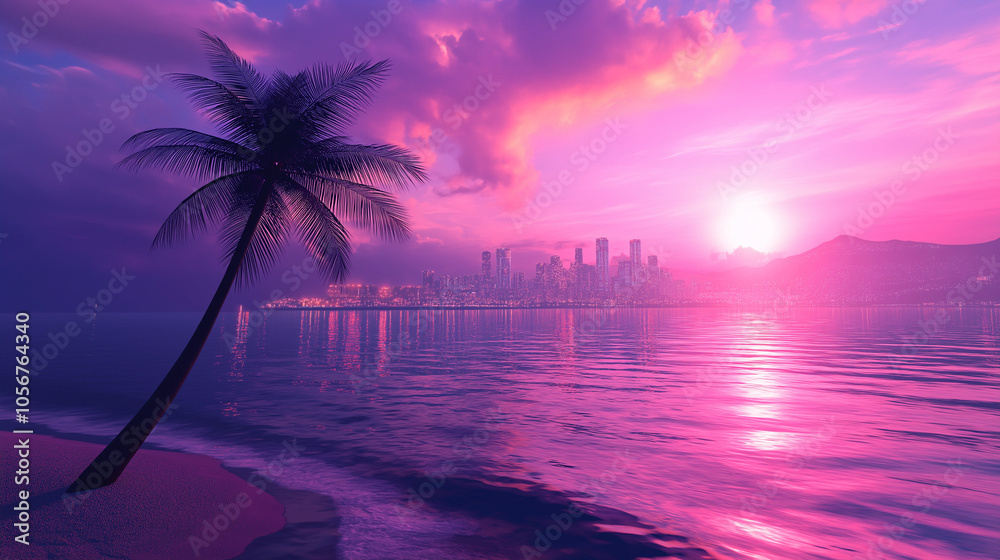 Fototapeta premium Tropical beach at sunset with city skyline in purple hues